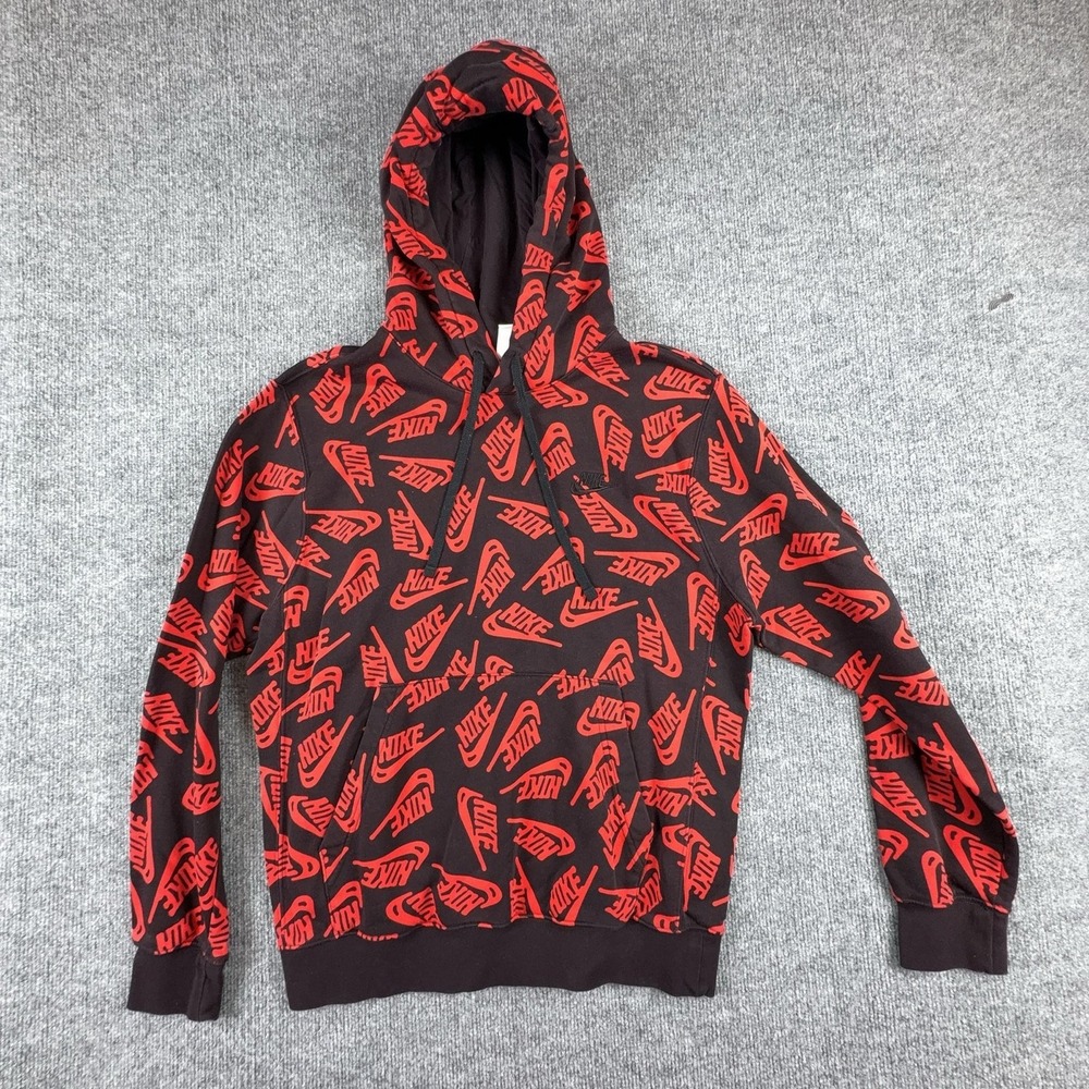 Nike Hoodie Mens Small Black Red Allover Swoosh Logo Graphic Fleece Pullover